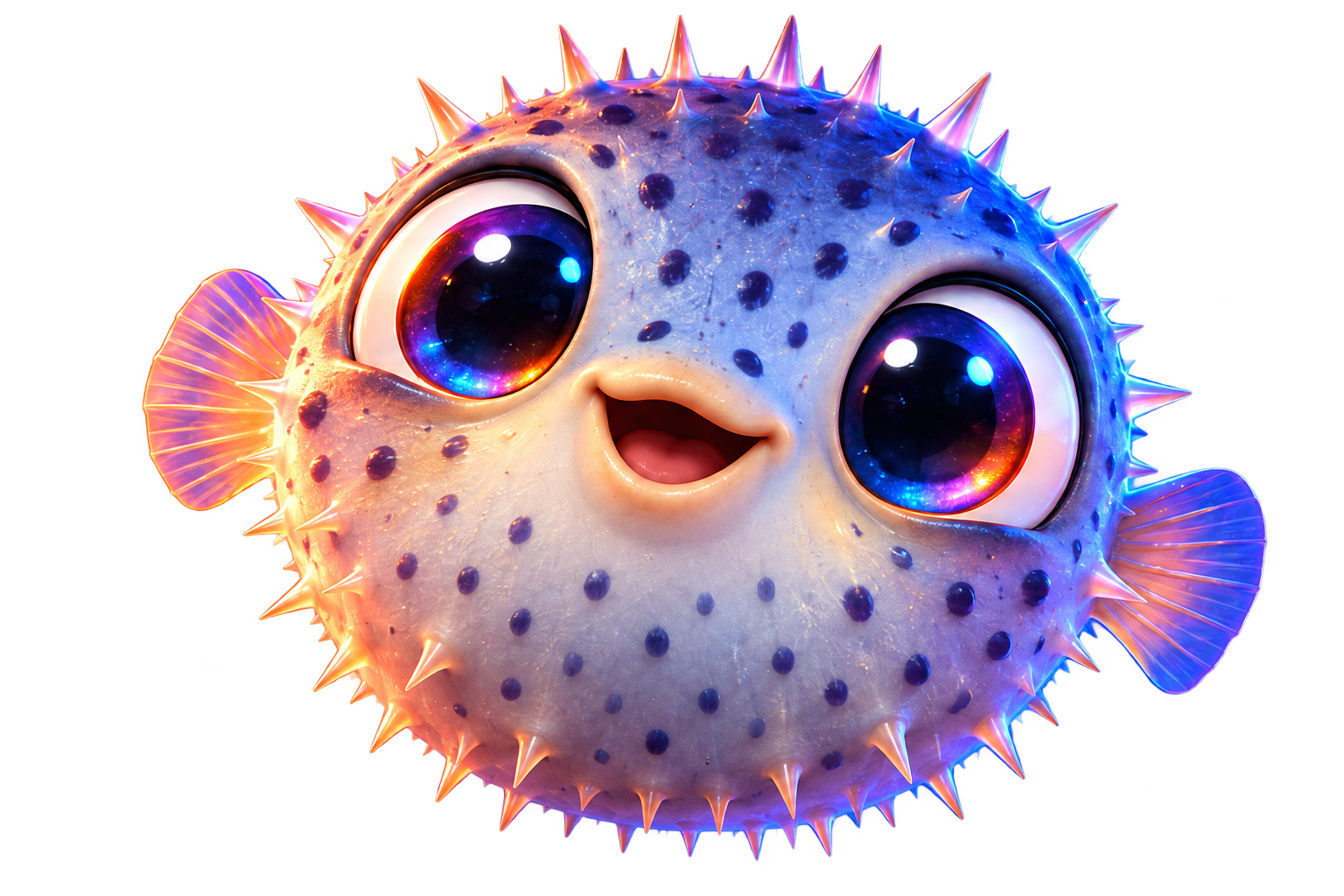 Puffly, a smiling round pufferfish with galaxy eyes and glowing blue and orange fins